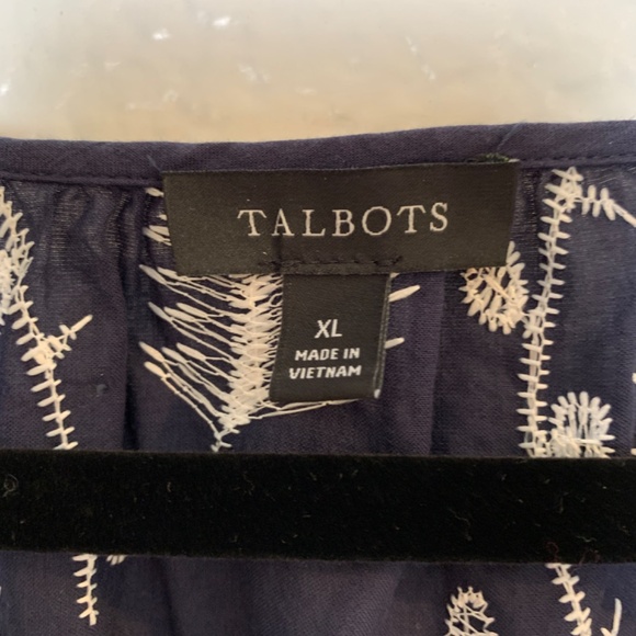 Talbots Embroidered Peasant Top XL Navy Blue Floral Leaves 100% Cotton Boho - Picture 3 of 12